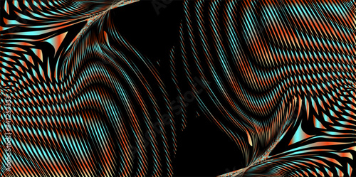 Wavy moire abstract textured vector banner with grid stripes deformation effect on black background. Modern backdrop saver for web design, business card, mobile apps, poster, banner, package.