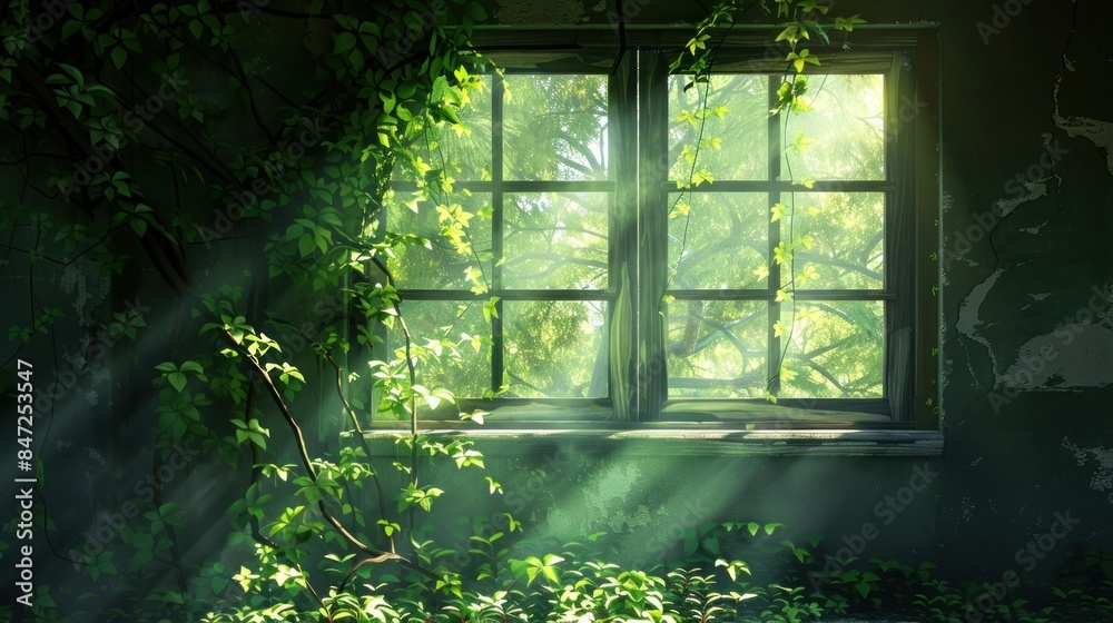 Overgrown Window with Sunlight Streaming Through