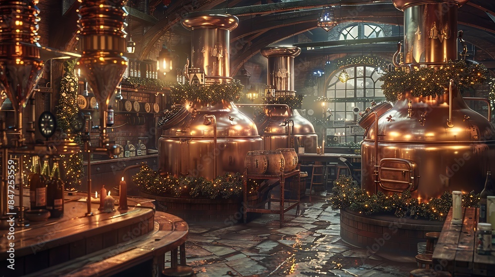 Obraz premium Rustic Brewery with Copper Still in Vintage Pub with Festive Decor, Warm Lighting, and Wooden Barrels