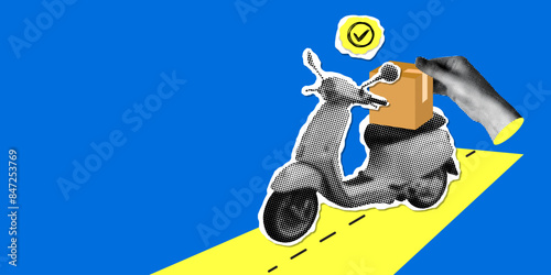 Delivery banner with scooter, box and human hand. Modern collage. Halftone design elements cut from newspaper. Delivery trunk on back side of scooter. Fast shipping concept. Box delivery by moped