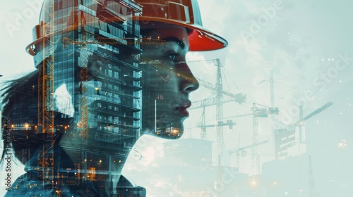 Close up, female Construction engineering concept, represented by a double exposure of building engineers, architects, or construction workers at work