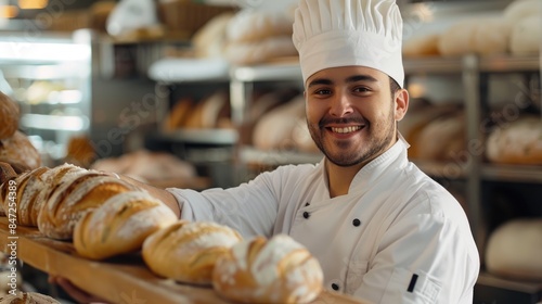 A cheerful man in a chef's uniform is holding up bread rolls on a wooden board in a bakery kitchen photo