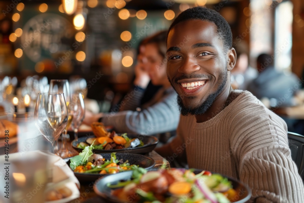 Young black man is smiling while having dinner with friends in a warm lit restaurant Young black man is smiling while having dinner with friends in a warm lit restaurant