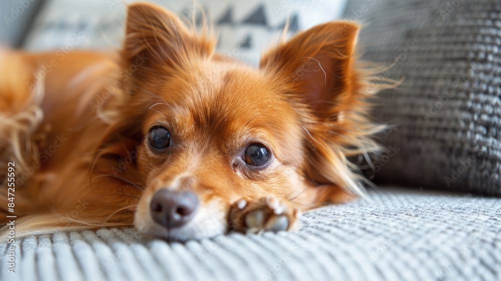 Close up of a small ginger dog resting on the sofa Close up of a small ginger dog resting on the sofa