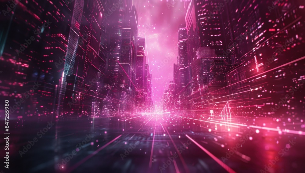 Obraz premium Digital Cityscape: Neon and Data
