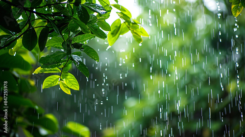 branch of a tree with green color wet leaves in a rainy day with draining water drops from it in a sunny day morning photo