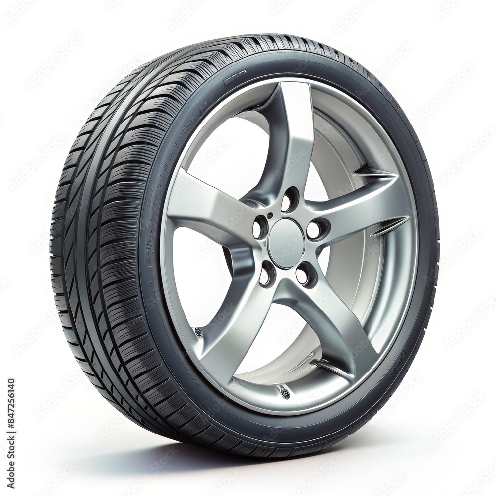 Single Black Tire With Silver Alloy Wheel on a White Background. Generative AI Single Black Tire With Silver Alloy Wheel on a White Background. Generative AI