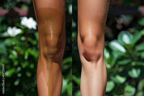 Dramatic Before and After Tanning Comparison Highlighting Even Skin Tone Result with Tanning Cream photo