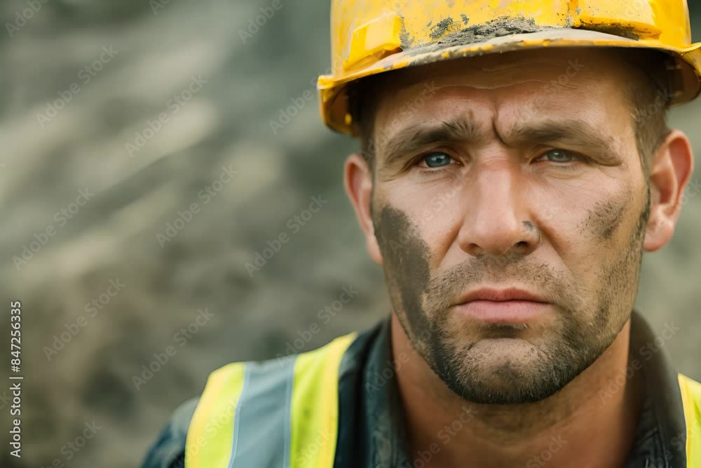 Determined coal miner with dirt on his face, wearing hard hat and safety vest, showcases gritty industry work Determined coal miner with dirt on his face, wearing hard hat and safety vest, showcases gritty industry work