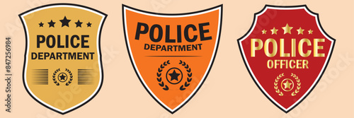 Police badges. Officer government badge, special police security medallion and federal agent signs, policeman insignia vector set