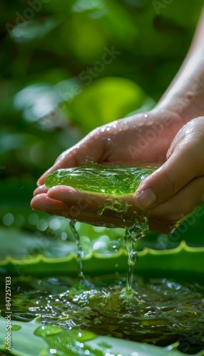 Hands Using Aloe Vera Hand Sanitizer in a Natural Green Environment - Skincare and Health Concept