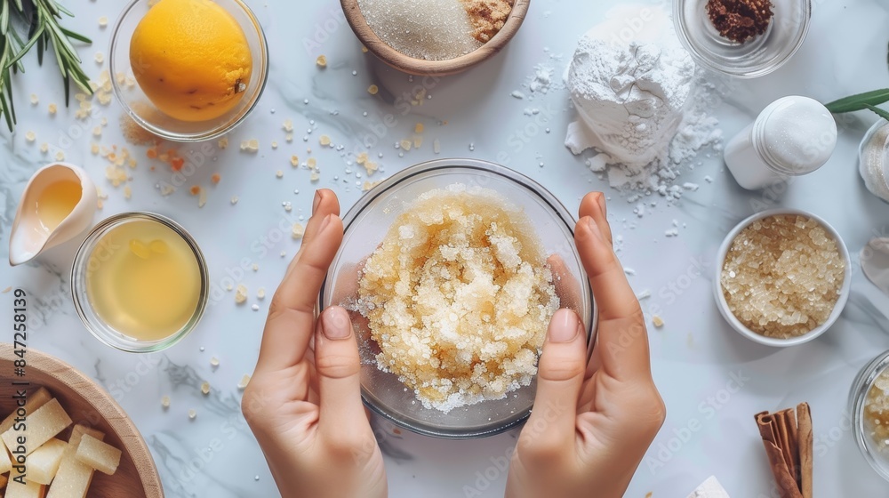 DIY Vanilla and Sugar Scrub - Exfoliation Ingredients and Hands Applying Gentle Mixture DIY Vanilla and Sugar Scrub - Exfoliation Ingredients and Hands Applying Gentle Mixture