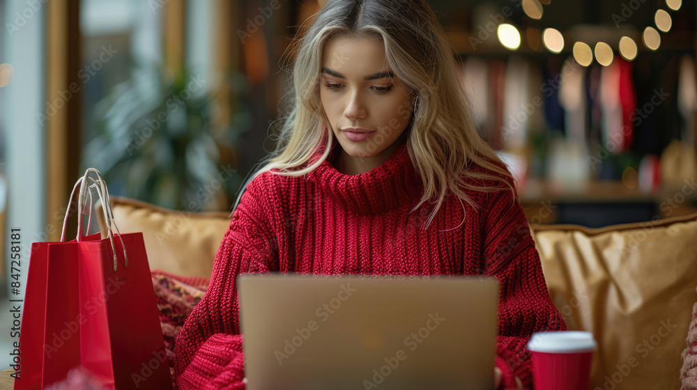 A person using a laptop to shop online, with a coffee cup and shopping bags in the background A person using a laptop to shop online, with a coffee cup and shopping bags in the background
