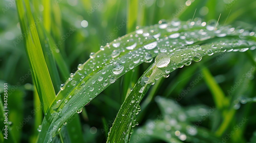 A macro closeup photo of green grass with natural sun light and water drops in a rainy day A macro closeup photo of green grass with natural sun light and water drops in a rainy day
