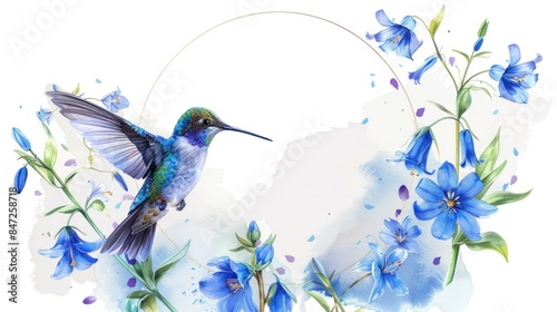 Hummingbird and Bluebells Watercolor Painting