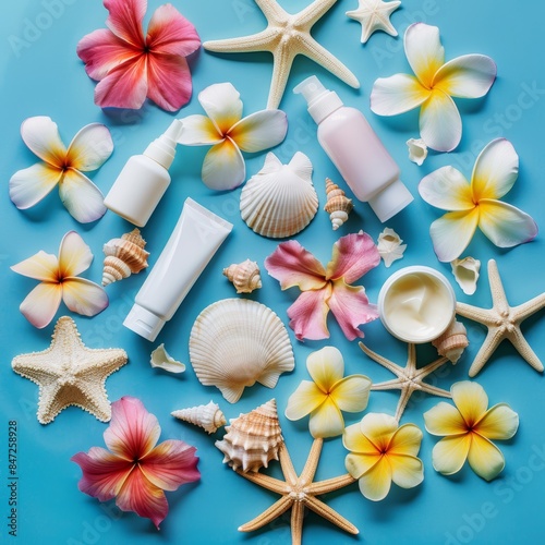 Vibrant Summer Tanning Products with Seashells, Starfish, and Tropical Flowers - Perfect for Marketing © spyrakot