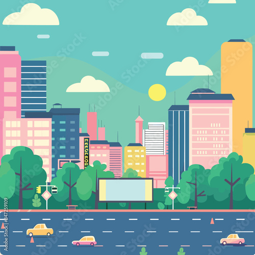 Colorful cityscape urban skyline tall buildings. Bright vehicles traffic street surrounded green trees. Modern highrise structures vibrant background