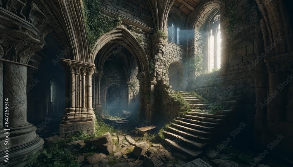 Naklejka premium Mystical ruins of an ancient church illuminated by ethereal light.