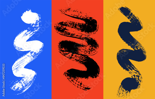 Banner design with black bold brush drawn geometric shapes, wavy lines brush stroke, squiggles, curves, circles. Grunge color childish memphis style. Vector thick brush drawn shapes with rough element