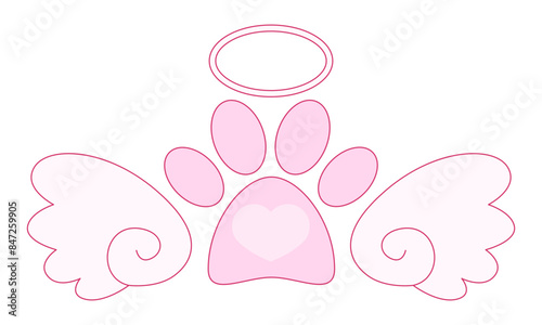 Pet Dog Memorial cute pink design. Footprint of pet's paw with heart, angel wings, halo, bone tag frame. Vector illustration