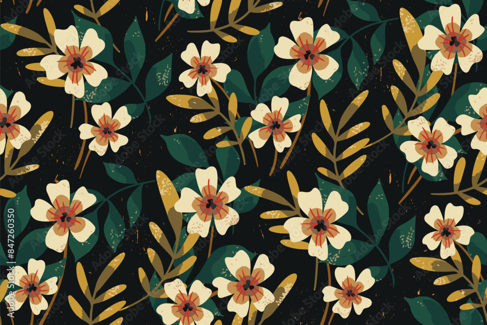 Seamless floral pattern, decorative ditsy print, abstract ornament with textured botany. Ornate botanical design: hand drawn small flowers, large leaves, foliage on dark. Vector illustration. Seamless floral pattern, decorative ditsy print, abstract ornament with textured botany. Ornate botanical design: hand drawn small flowers, large leaves, foliage on dark. Vector illustration.