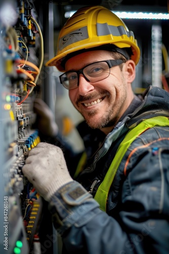 A cheerful electrician work...