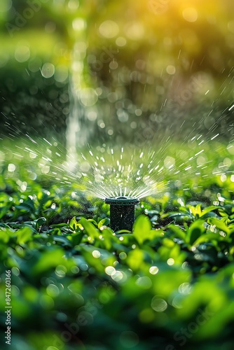 A lawn sprinkler sprays water across a vibrant green grass in a sunny backyard, depicting efficient garden watering photo