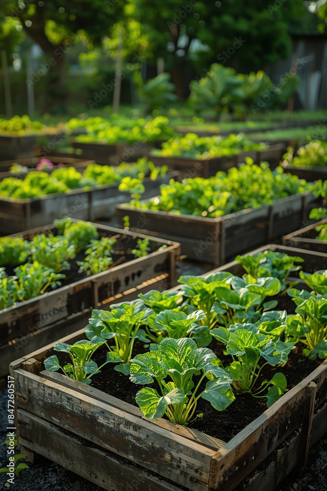 A vibrant and wellkept home garden with raised vegetable beds, illustrating a sustainable and healthy lifestyle A vibrant and wellkept home garden with raised vegetable beds, illustrating a sustainable and healthy lifestyle