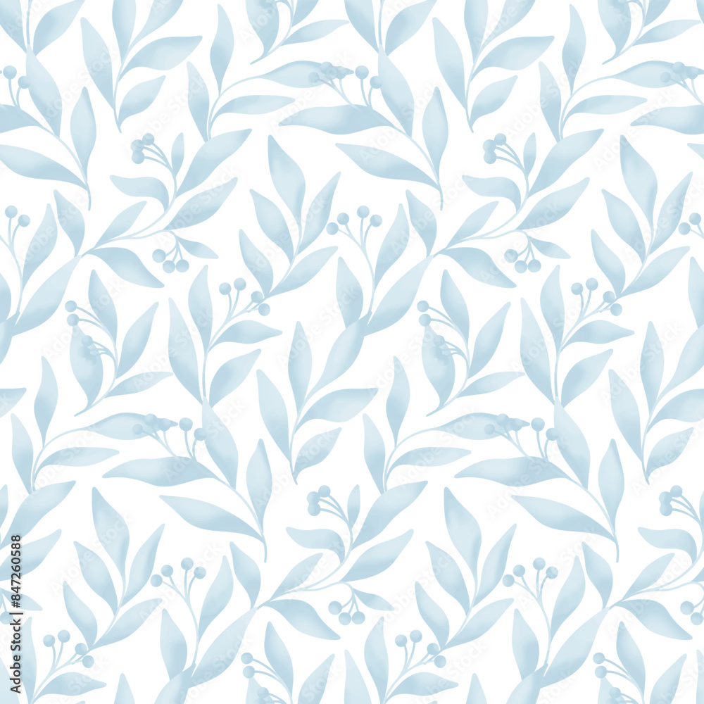 Seamless floral pattern, abstract nature ornament, flower print in delicate watercolor. Botanical design: hand drawn small berries, large blue leaves, branches on white background. Vector illustration Seamless floral pattern, abstract nature ornament, flower print in delicate watercolor. Botanical design: hand drawn small berries, large blue leaves, branches on white background. Vector illustration