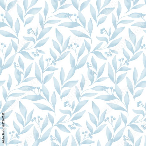 Seamless floral pattern, abstract nature ornament, flower print in delicate watercolor. Botanical design: hand drawn small berries, large blue leaves, branches on white background. Vector illustration