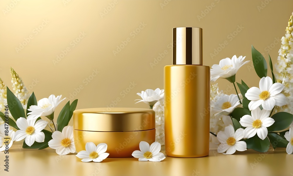 Illustration of gold cosmetic cream jars and white flowers on yellow background. Designed for mockup. copy space Illustration of gold cosmetic cream jars and white flowers on yellow background. Designed for mockup. copy space
