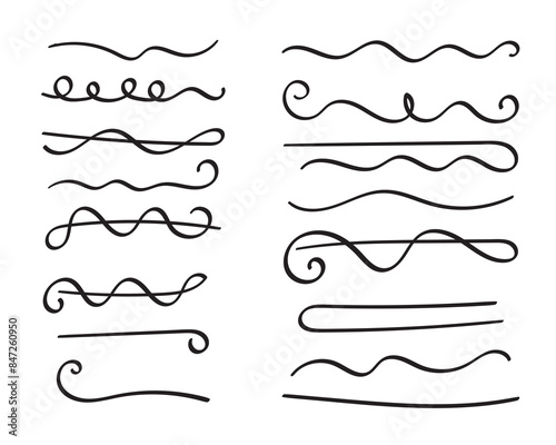 Underlines hand-drawn set. Handwriten dividers, separators, borders, collection of doodle style various art accentuation elements for text decoration. Isolated. Vector illustration