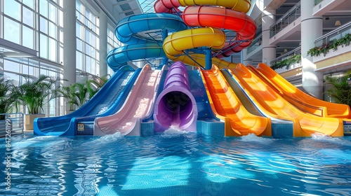Indoor waterpark slides, colorful and vibrant, inviting pool