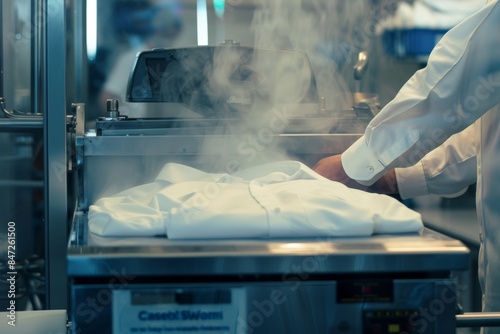 Professional Dry Cleaner Perfectly Pressing Dress Shirt with Industrial Steaming Machine