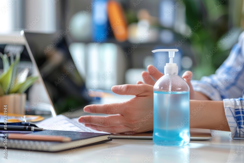 Hand Sanitizer Use in Modern Office Setting with Laptop and Stationery for Workplace Hygiene Hand Sanitizer Use in Modern Office Setting with Laptop and Stationery for Workplace Hygiene