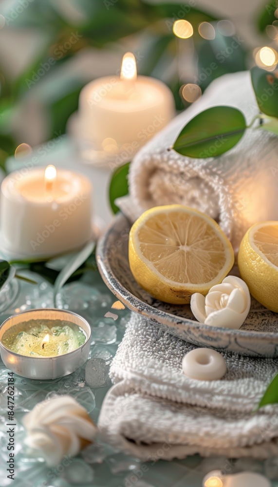Peaceful Home Spa Day with Green Tea Lemon Scrub, Relaxing Candles and Soft Towels for Ultimate Relaxation Peaceful Home Spa Day with Green Tea Lemon Scrub, Relaxing Candles and Soft Towels for Ultimate Relaxation