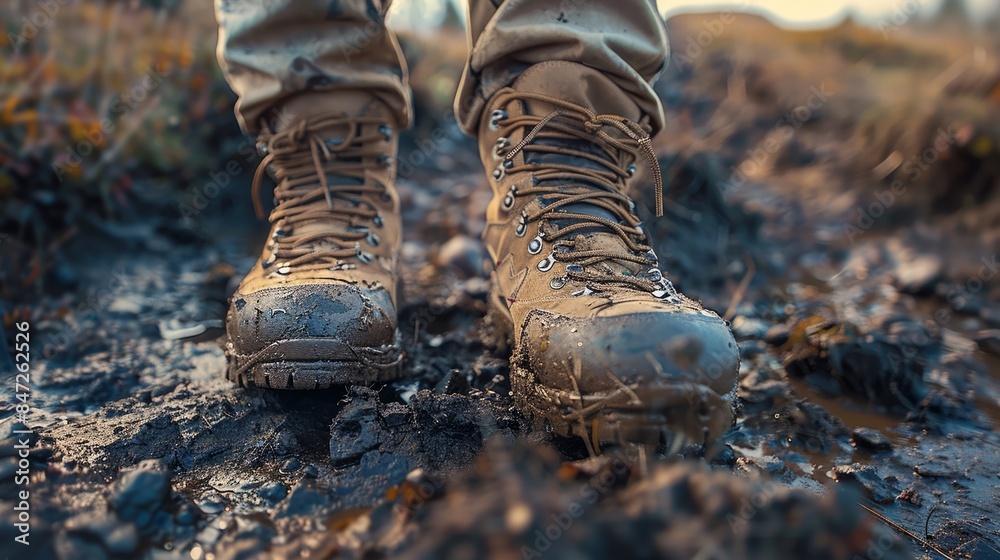 Close-Up of Muddy Hiking Boots on a Rugged Trail in Morning Light Close-Up of Muddy Hiking Boots on a Rugged Trail in Morning Light