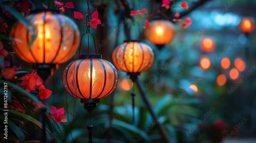 Illuminated Lanterns in Serene Garden Setting at Dusk, Calming and Enchanting Atmosphere Illuminated Lanterns in Serene Garden Setting at Dusk, Calming and Enchanting Atmosphere