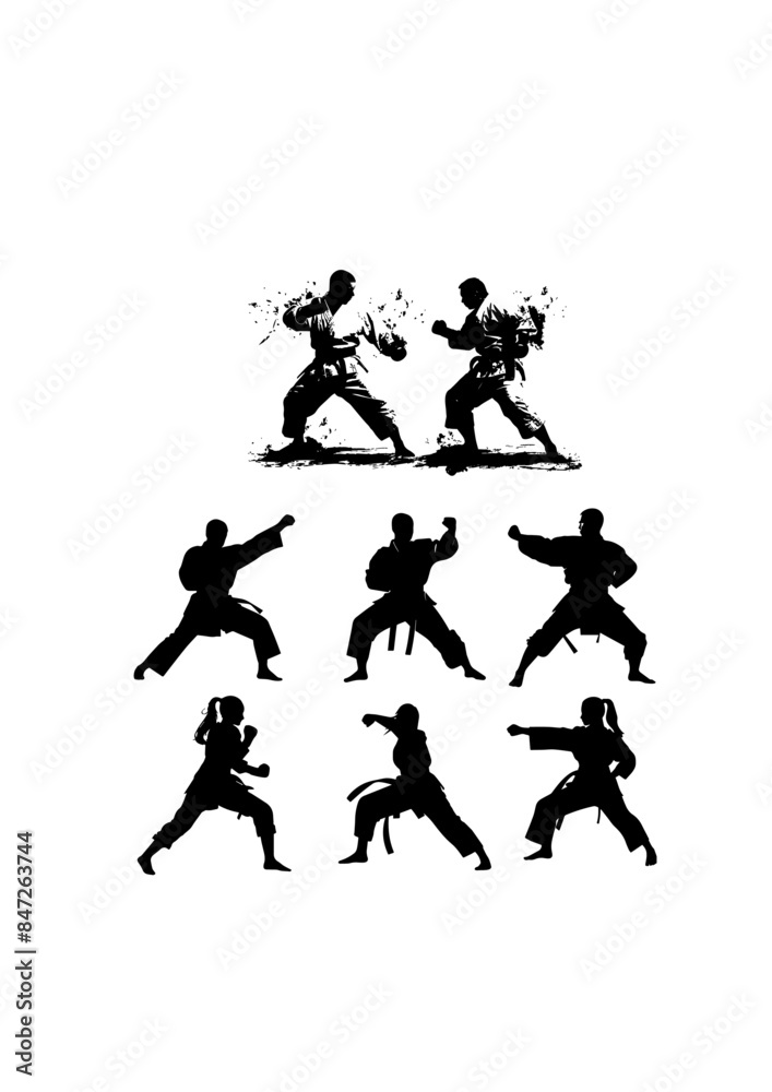 vector silhouettes of karate fighters in different fighting poses, karate sport vector silhouettes of karate fighters in different fighting poses, karate sport