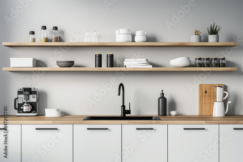 A kitchen with white cabinets and a wooden countertop, open shelves on the wall, a black sink in one of them, some books, a water bottle, a coffee pot and other cooking accessories on the countertop