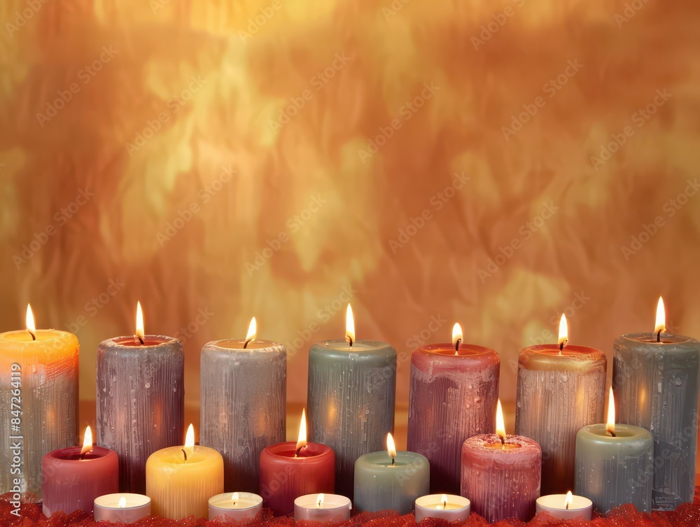 A row of warm, glowing candles with soft flames, set against a bokeh background, creating a cosy and serene ambiance with a festive touch. A row of warm, glowing candles with soft flames, set against a bokeh background, creating a cosy and serene ambiance with a festive touch.
