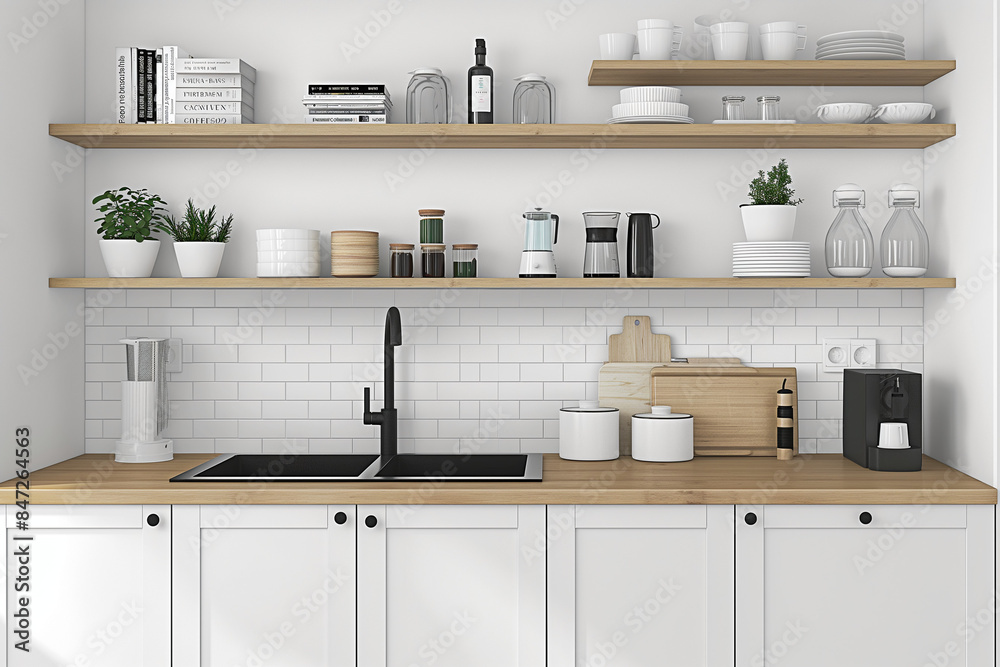 A kitchen with white cabinets and a wooden countertop, open shelves on the wall, a black sink in one of them, some books, a water bottle, a coffee pot and other cooking accessories on the countertop A kitchen with white cabinets and a wooden countertop, open shelves on the wall, a black sink in one of them, some books, a water bottle, a coffee pot and other cooking accessories on the countertop