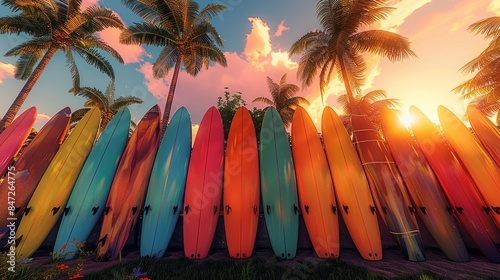 Colorful Surfboards at Sunset Under Palm Trees on Tropical Beach photo