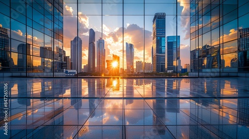 Reflections of Skyline: Tranquil Urban Sunset in Glass Facade photo