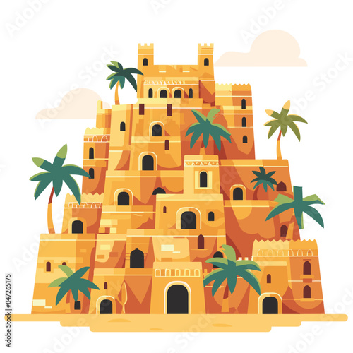 Desert fortress vector illustration amid sands palms. Ancient architecture castle cartoon style design. Middle Eastern historical building graphic