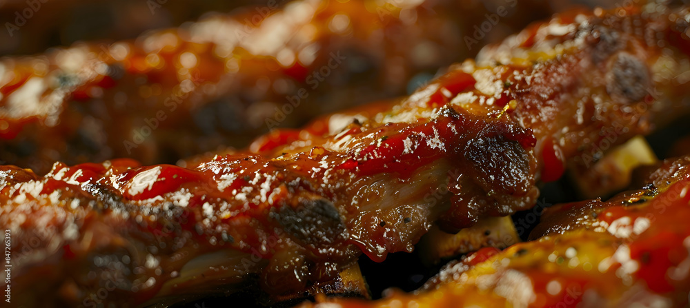 A close-up of a fast food rib, showcasing the rich texture and sauce A close-up of a fast food rib, showcasing the rich texture and sauce