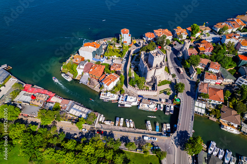 Anadolu Hisari (Anatolian Fortress) in Istanbul, Turkey. Beautiful Istanbul bosphorus landscape. Drone shot. photo