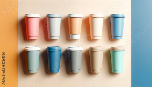 Wallpaper Mural Mockup of colorful reusable coffee cups in various pastel shades arranged on a plain background. Concept of sustainable and stylish drinkware. Useful for coffee shops, eco-friendly brands, and design  Torontodigital.ca