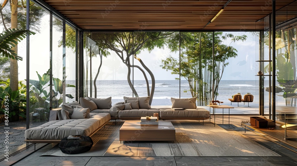 Bamboo Beach Villa Interior Reference. AI generated art illustration.