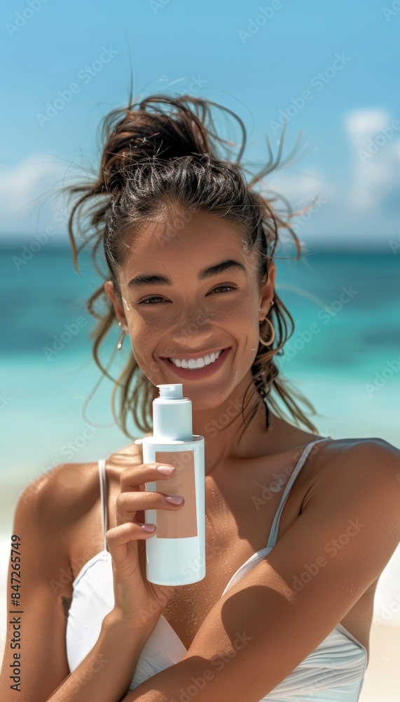 Smiling Woman Holding Tanning Cream Bottle on Bright Beach Background - Summer Skincare and Sun Protection Smiling Woman Holding Tanning Cream Bottle on Bright Beach Background - Summer Skincare and Sun Protection